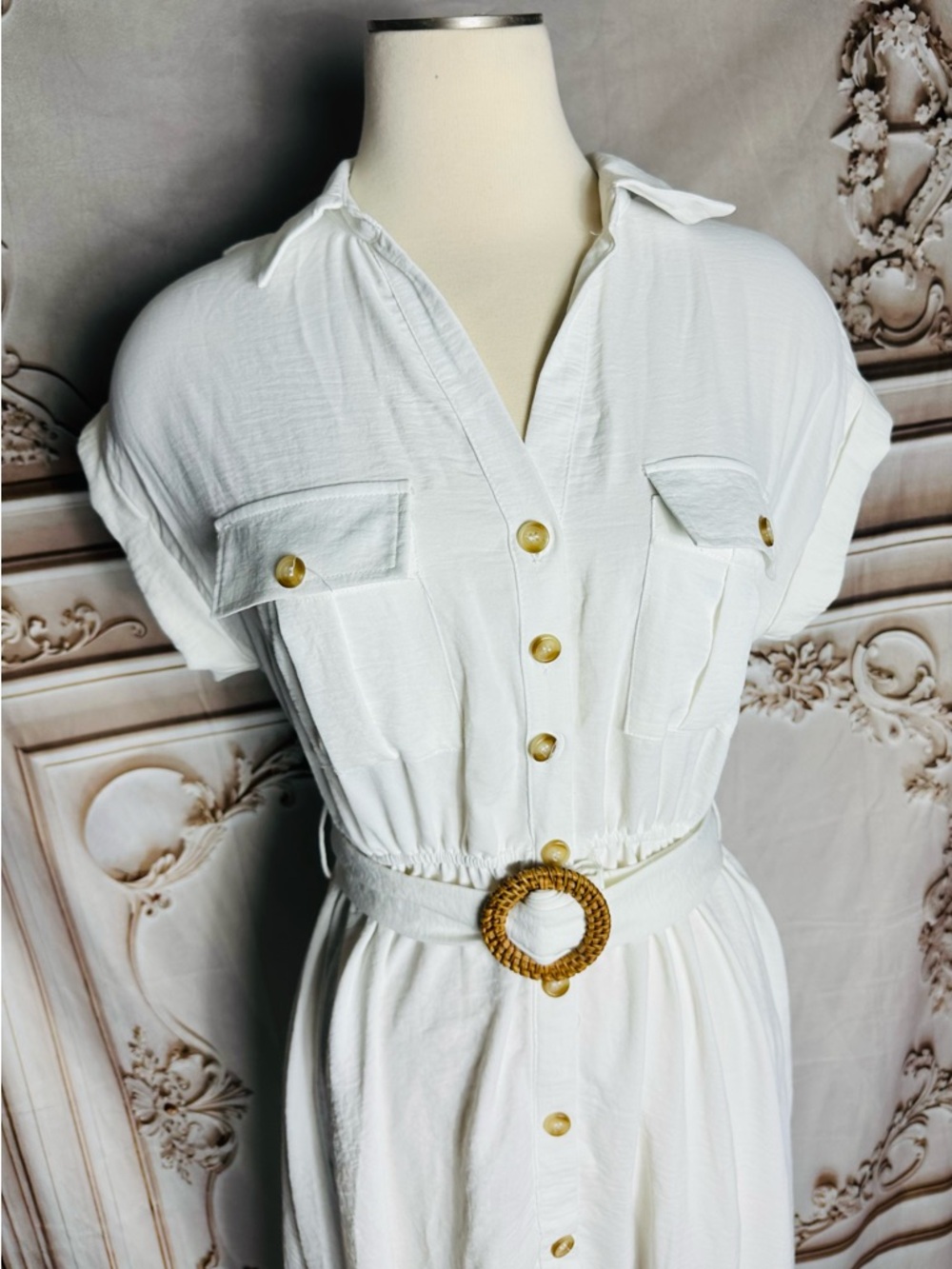 Blu Pepper White Button-Front Maxi Shirt Dress with Woven Belt - Picture 5 of 11